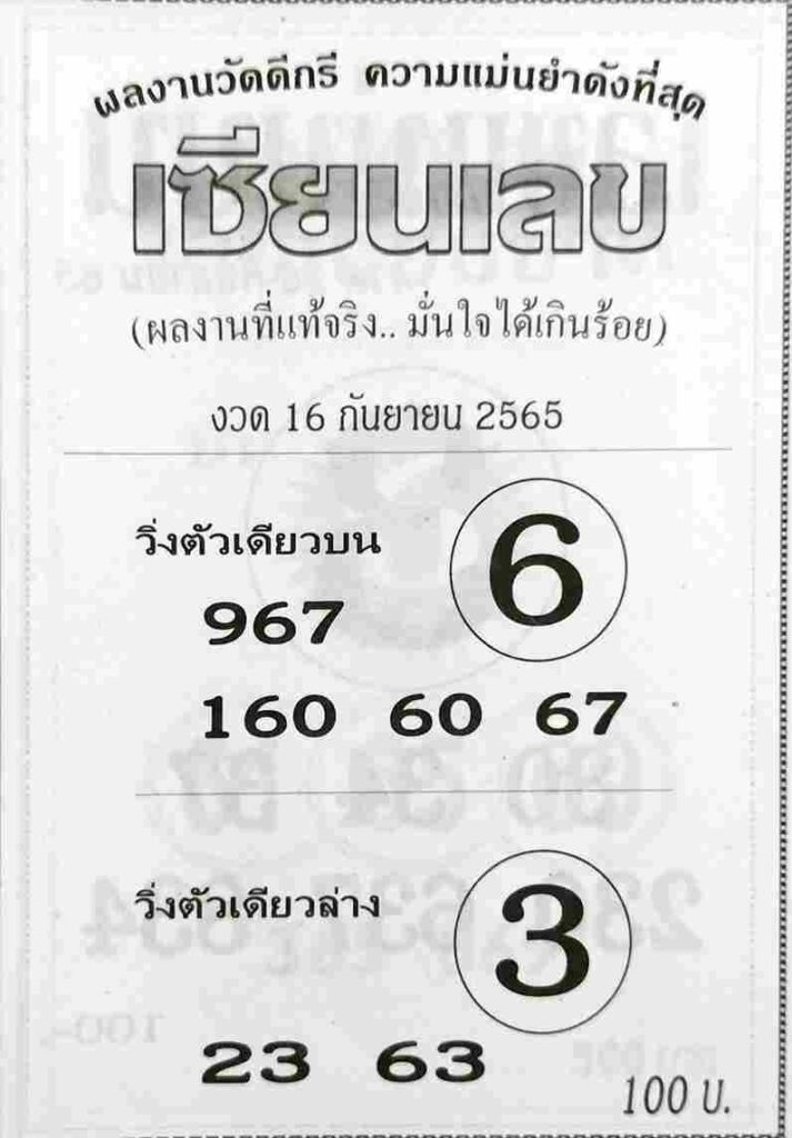 แทงหวย หวยเซียนเลข 16/9/65