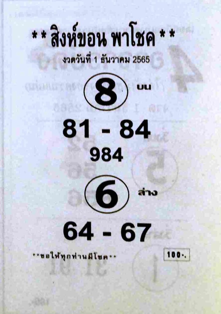 เว็บหวย หวยสิงห์ขอน 30/12/65